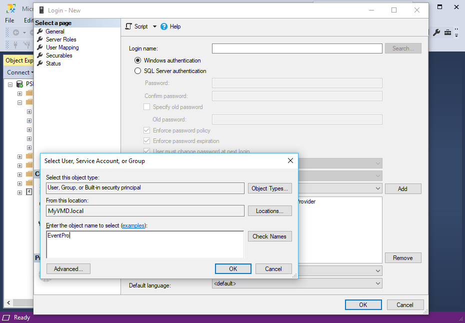 Screenshot of New Login Check Names in SQL Server Management Studio for EventPro Software