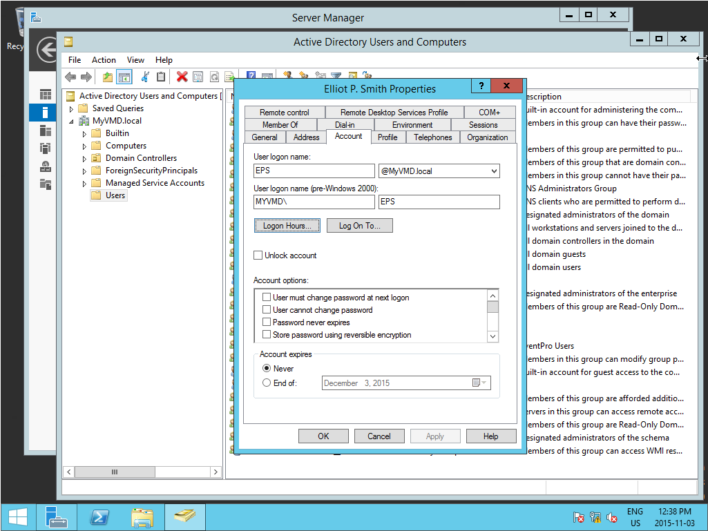 Screenshot of User Properties Account in Server Manager for EventPro Active Directory Integration