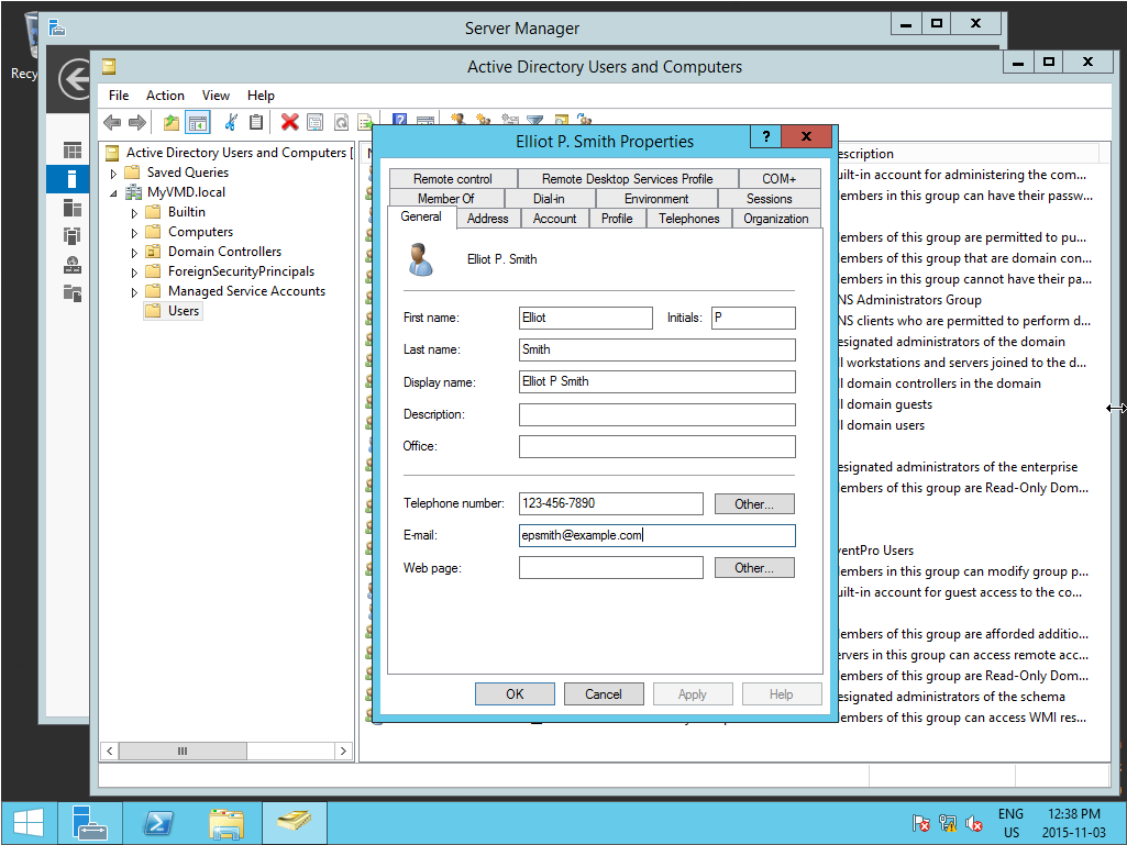 Screenshot of User Properties General in Server Manager for EventPro Active Directory Integration