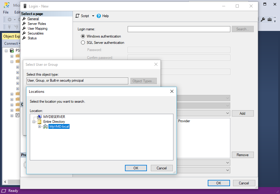 Screenshot of New Login User Location in SQL Server Management Studio for EventPro Software