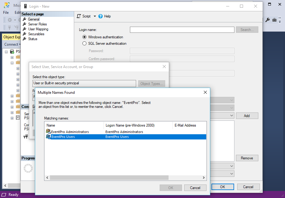 Screenshot of New Login select Users in SQL Server Management Studio for EventPro Software