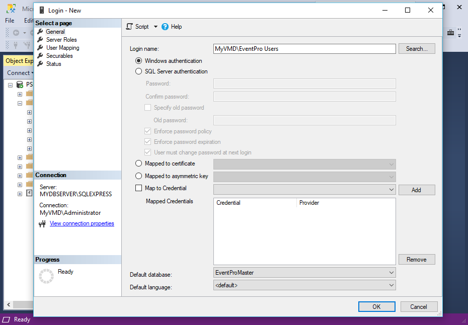 Screenshot of default database in SQL Server Management Studio for EventPro Software