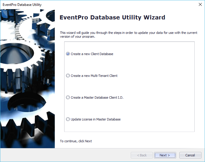 Screenshot of EventPro Database Utility Wizard begin creating new client database