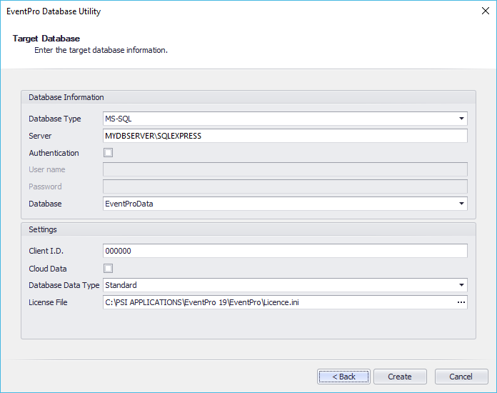 Screenshot of EventPro Database Utility Wizard entering target database information