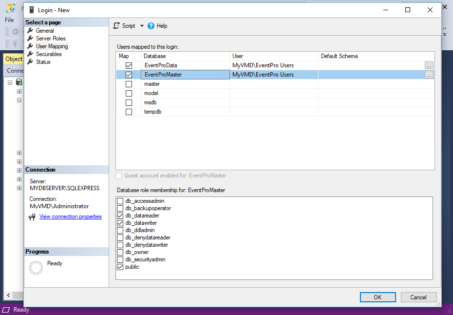 Screenshot of user mapping in SQL Server Management Studio for EventPro Software