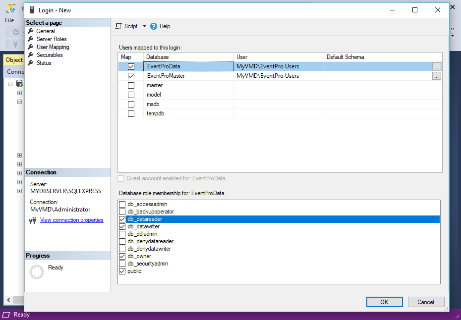 Screenshot of database role membership in SQL Server Management Studio for EventPro Software