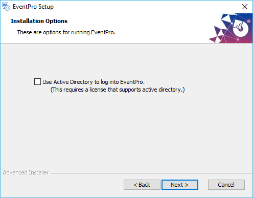 Installation Options in EventPro Software Installation Wizard