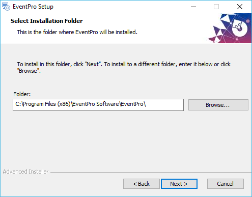 Screenshot of selecting Installation Folder in EventPro Installation Wizard