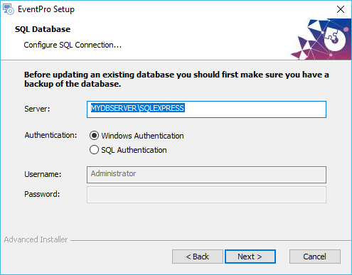 Screenshot of SQL Connection and SQL Database in EventPro Software Installation Wizard