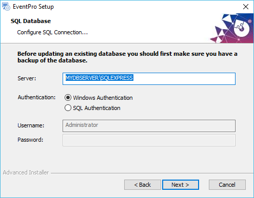 Screenshot of SQL Connection and SQL Database in EventPro Installation Wizard