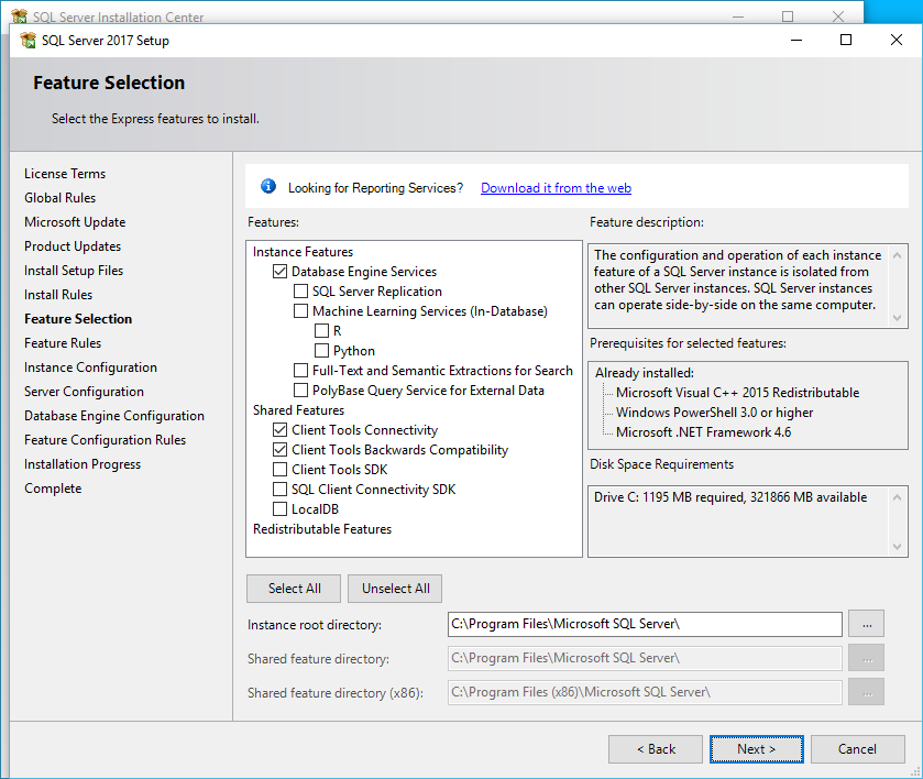 Screenshot of Feature Selection in SQL Server Setup for EventPro Active Directory Integration