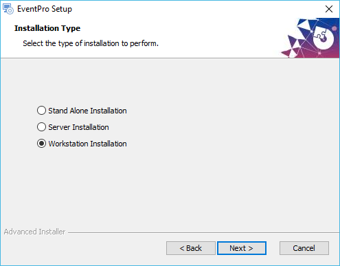 Screenshot of selecting Workstation Installation Type in EventPro Software Installation Wizard