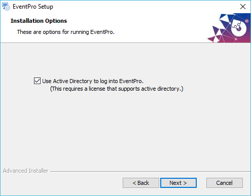 Screenshot of selecting Use Active Directory Login in EventPro Software Installation Wizard