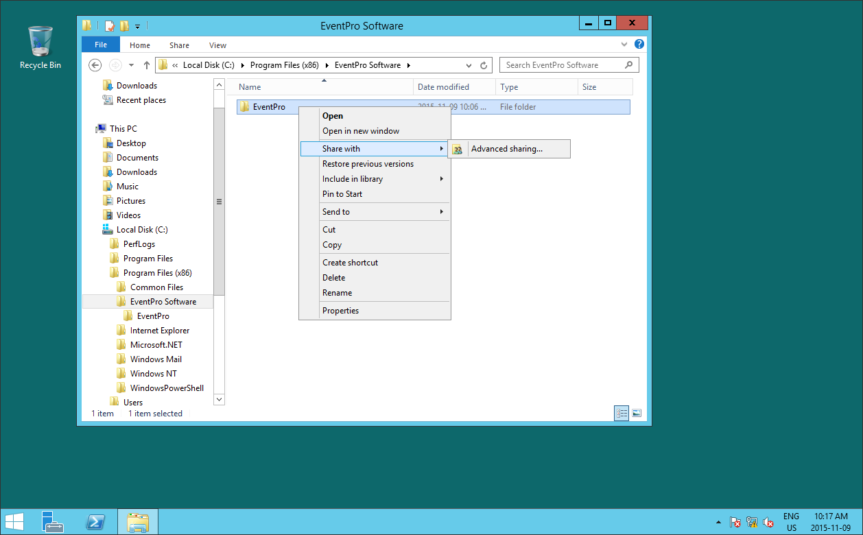 Screenshot of sharing EventPro Installation Folder with Users