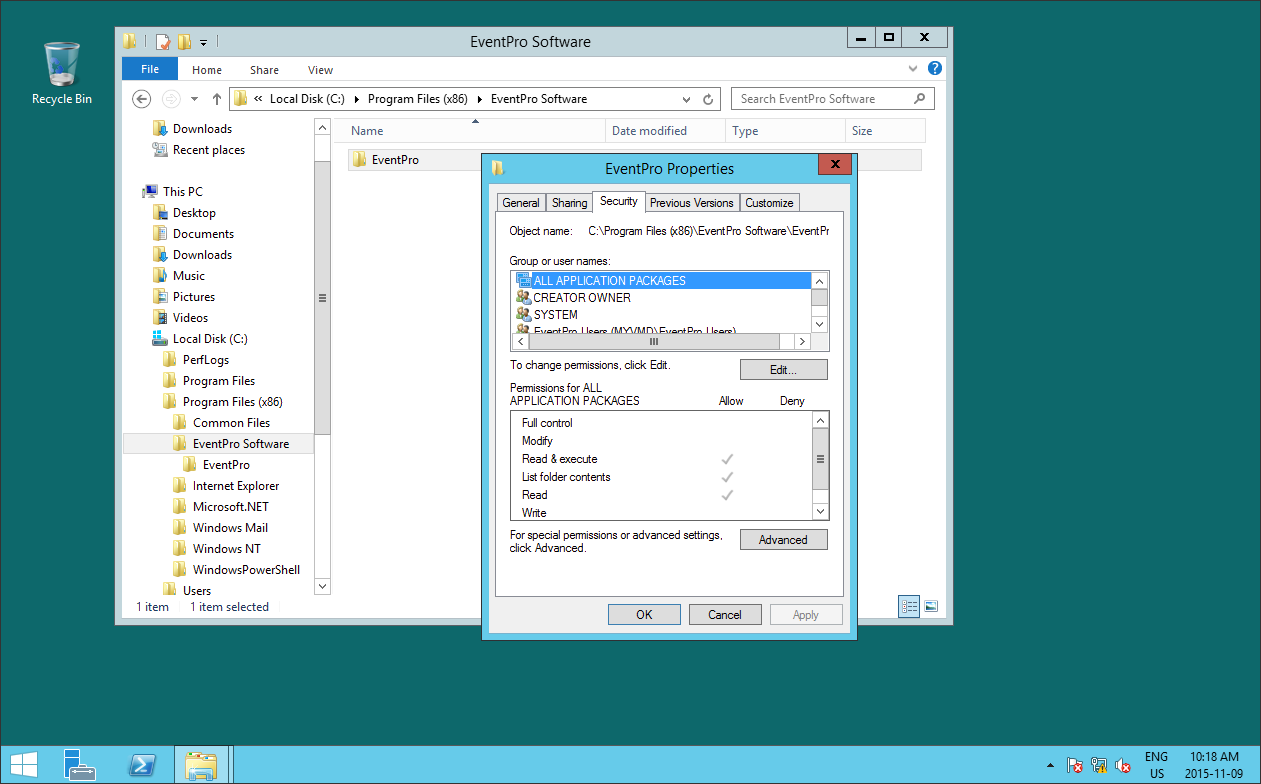 Screenshot of security properties for EventPro Installation Folder
