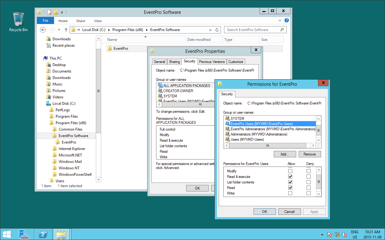 Screenshot of EventPro Installation Folder permissions for EventPro Users