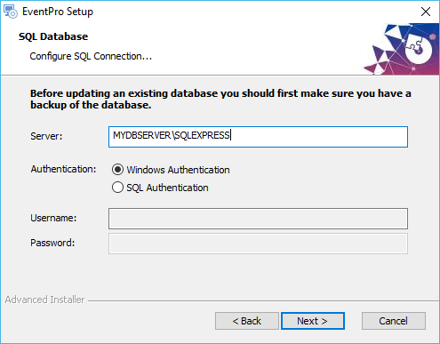 Screenshot of SQL Connection and SQL Database in EventPro Software Installation Wizard