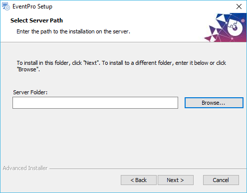Screenshot of Select Server Path page of EventPro Software Installation Wizard