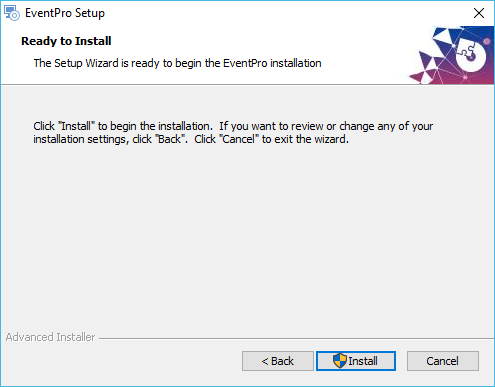 Screenshot of EventPro Installation Wizard ready to install