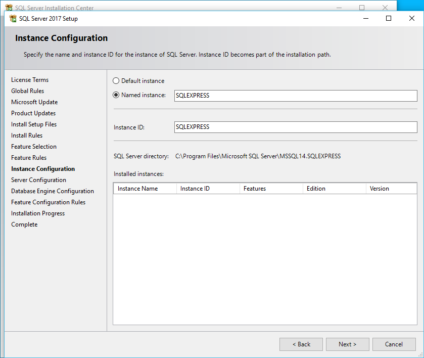 Screenshot of Instance Configuration in SQL Server Setup for EventPro Active Directory Integration