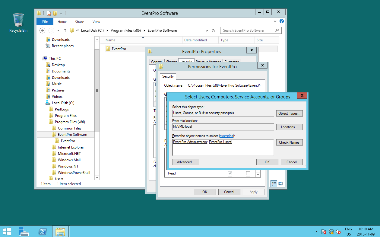 Screenshot of EventPro Installation Folder permissions for users and groups