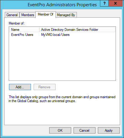 Screenshot of EventPro Administrators properties in Server Manager for EventPro Windows Authentication
