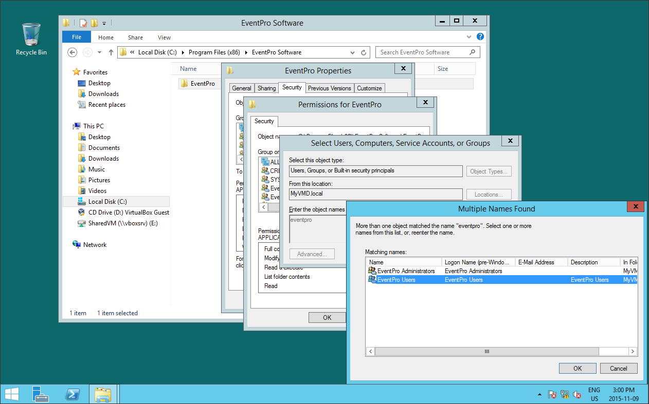Screenshot of EventPro Installation Folder user permissions Check Names