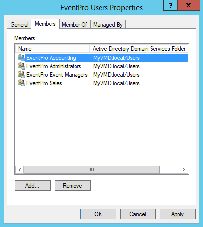 Screenshot of Security Groups in Server Manager for EventPro Active Directory Integration