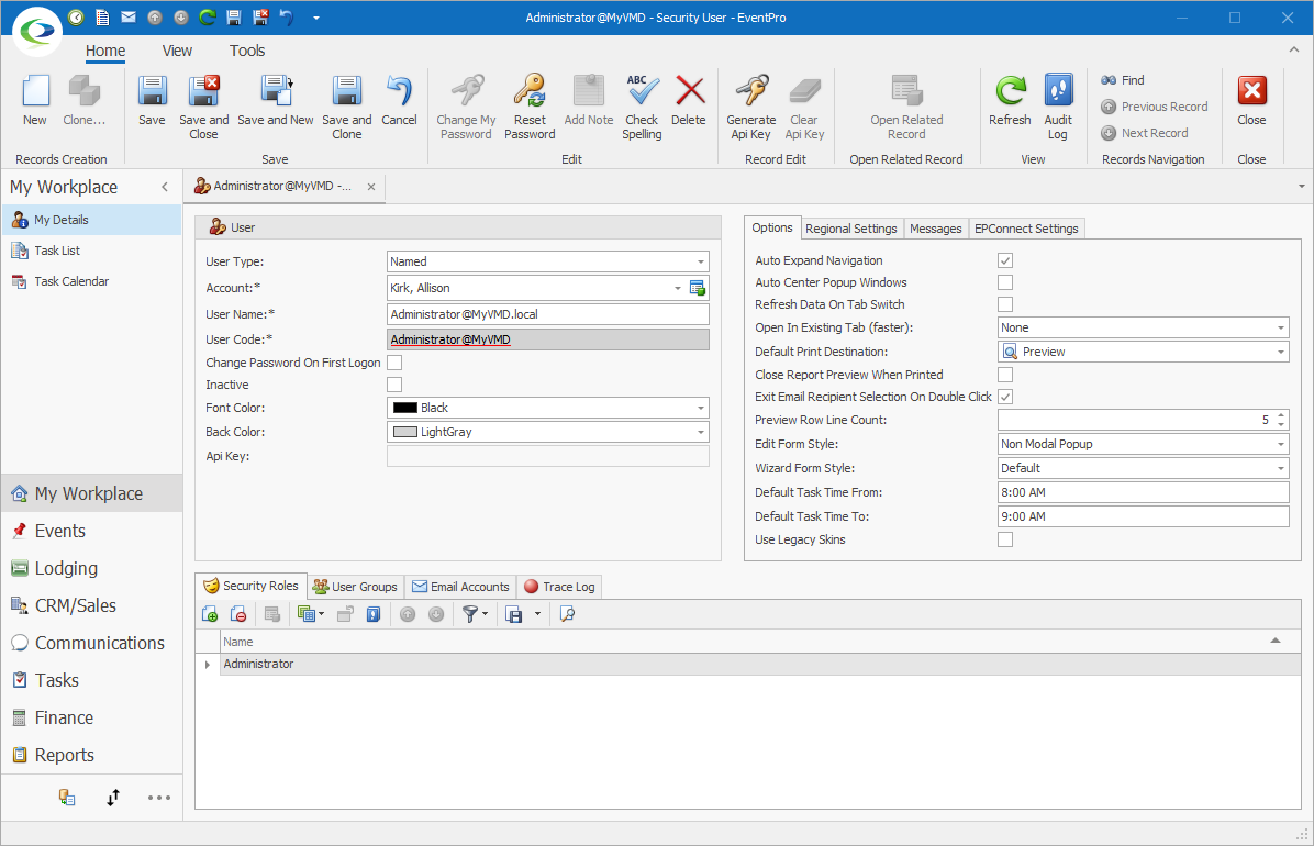 Administrator EventPro User with properties from Active Directory Integration