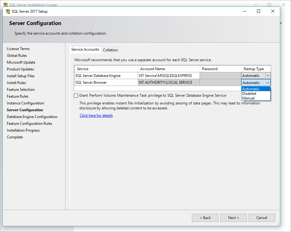 Screenshot of SQL Server Setup Server Configuration and Service Accounts for EventPro Software