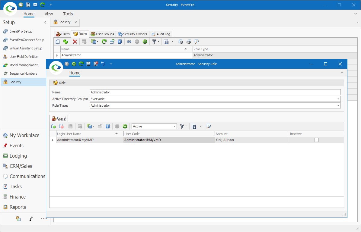 Editing the Administrator Security Role in EventPro Software
