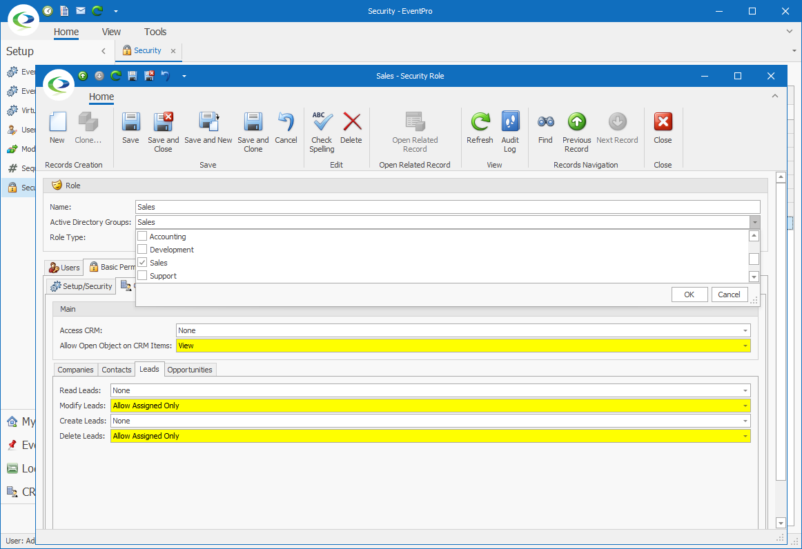 Editing Other Security Roles in EventPro Software