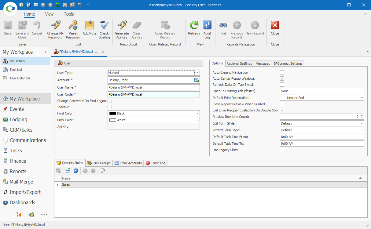 Security User details in EventPro Software