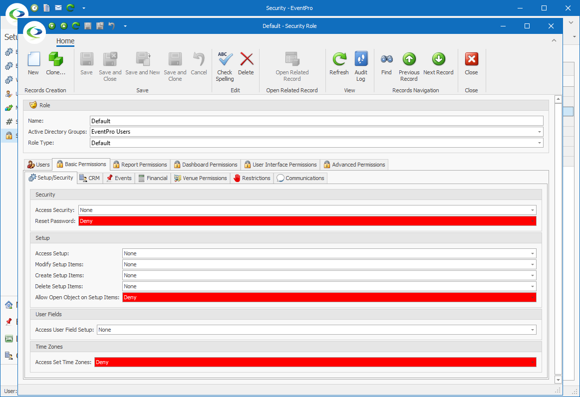 Editing the Default Security Role in EventPro Software