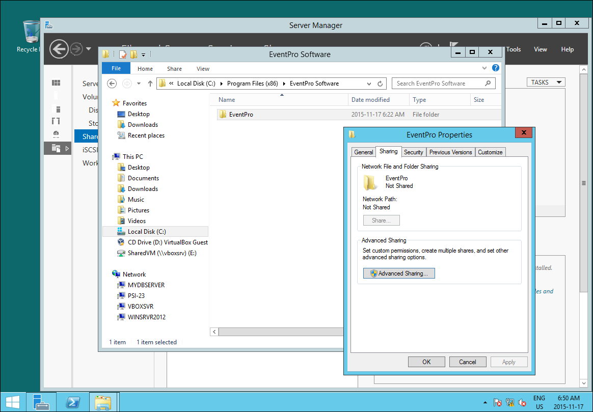 Screenshot of EventPro Installation Folder Advanced Sharing
