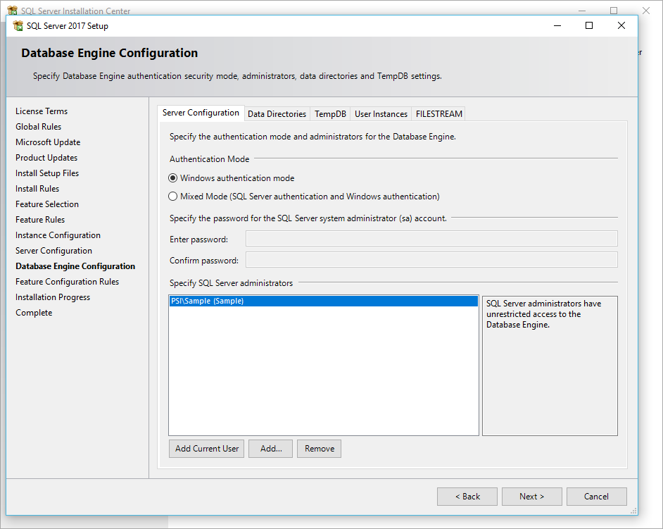 Screenshot of Database Engine Configuration in SQL Server Setup for EventPro Active Directory Integration