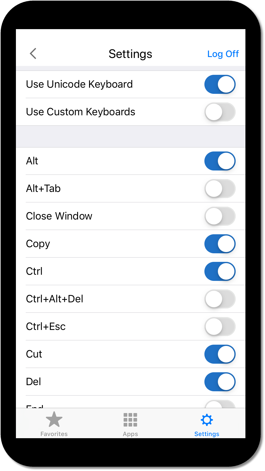 Screenshot of Citrix WorkSpace keyboard settings on mobile phone