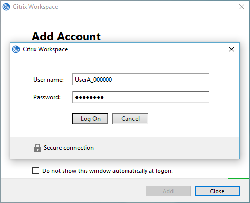 Screenshot of logging into Citrix Workspace after adding account