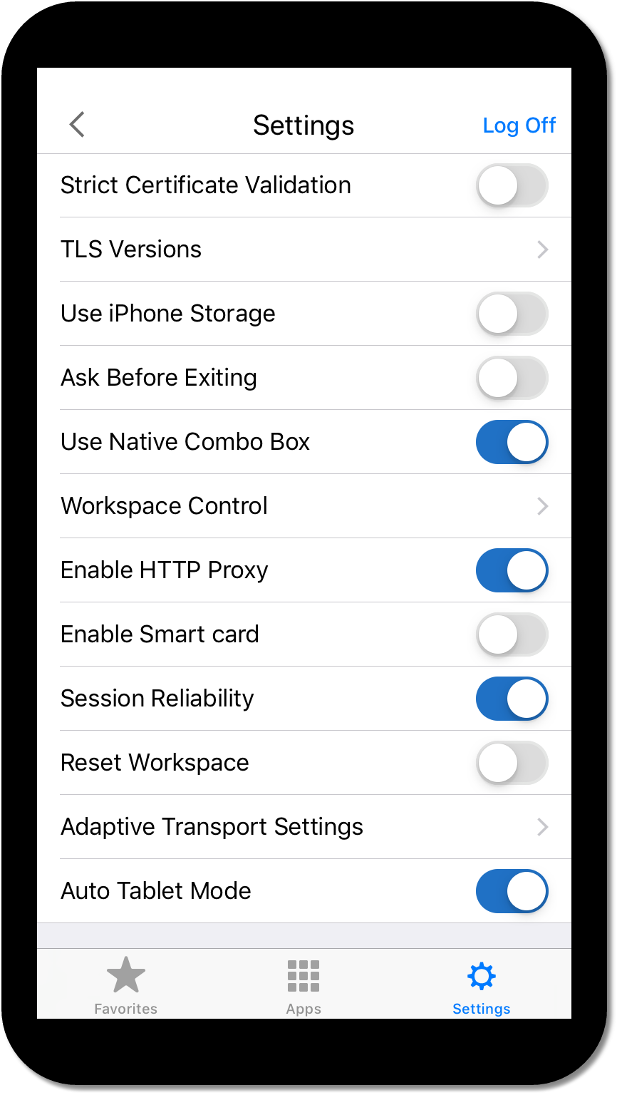Screenshot of Citrix WorkSpace advanced settings on mobile phone