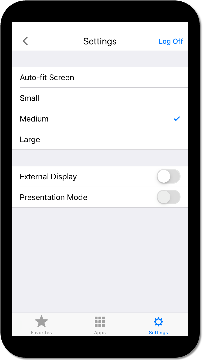 Screenshot of Citrix WorkSpace display settings on mobile phone