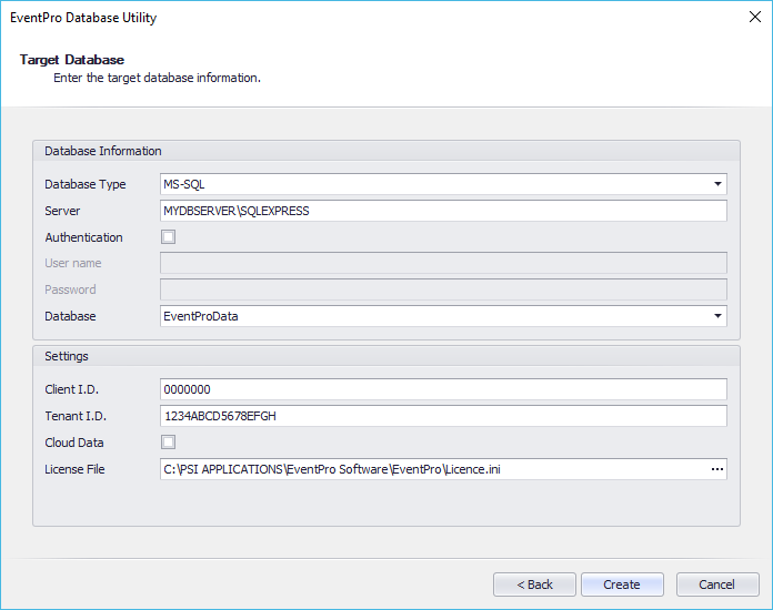 Target Database for creating a Master Database Client ID in EventPro Database Utility Wizard