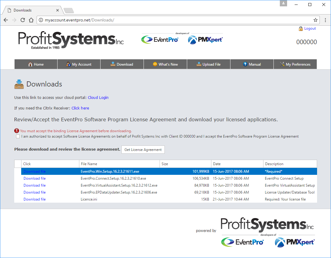 Screenshot of EventPro website Downloads area
