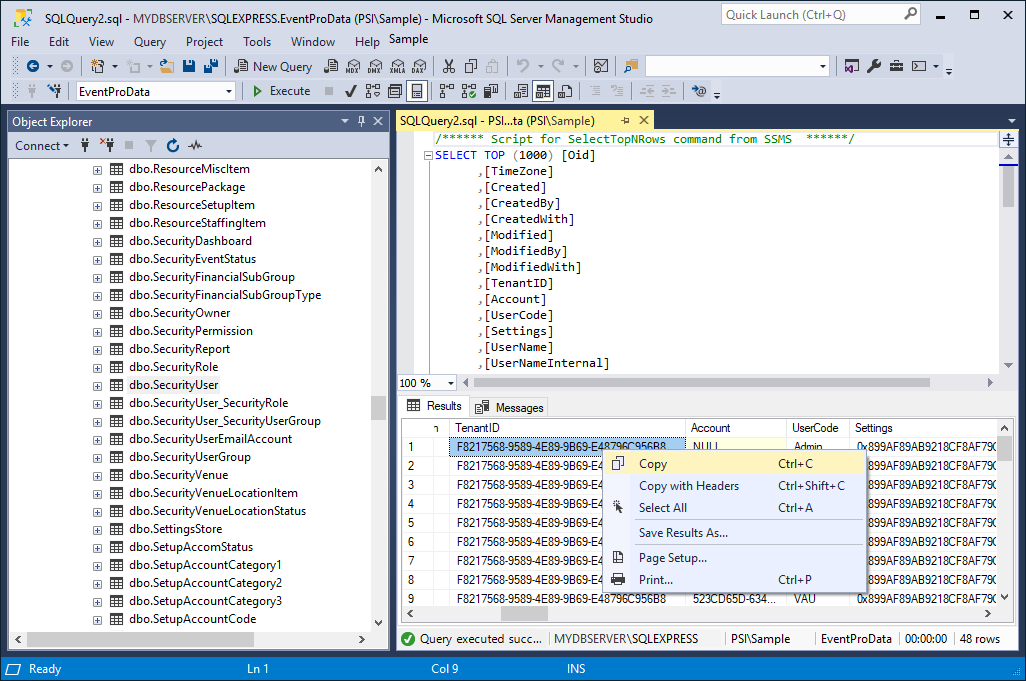 Tenant ID in EventPro Data in SQL Server Management Studio