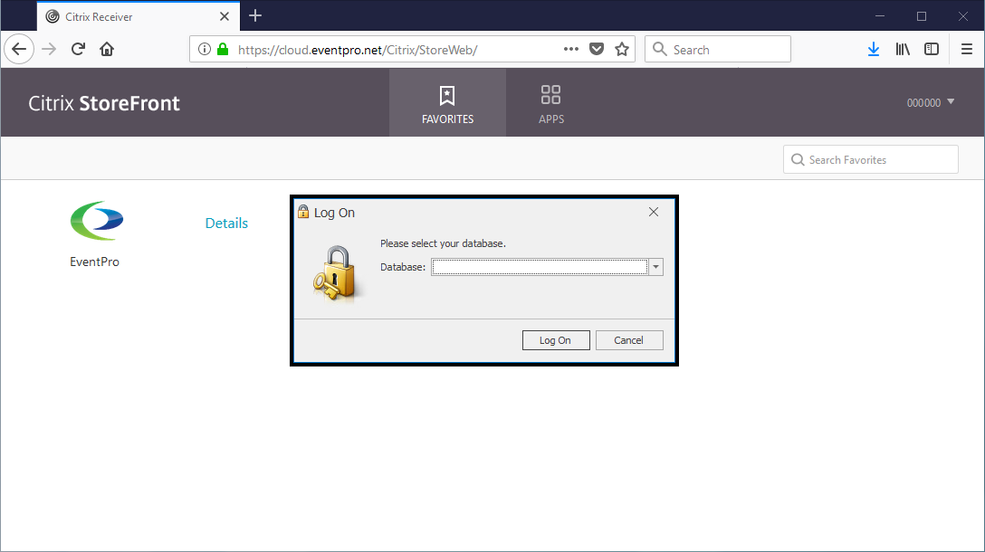 Screenshot of database selection dialog when logging into EventPro Cloud