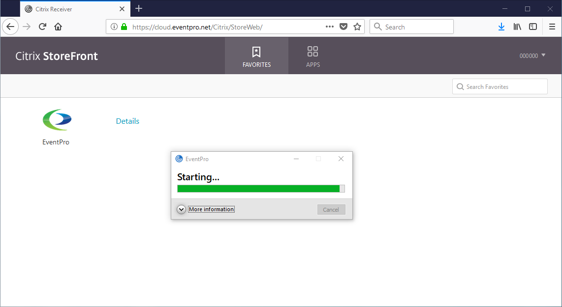 Screenshot of EventPro starting dialog loading up from Citrix StoreFront