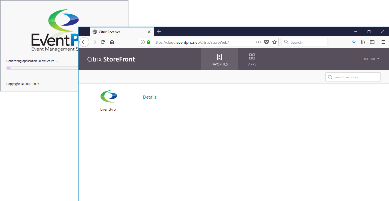 Screenshot of EventPro Cloud splash screen and Citrix StoreFront