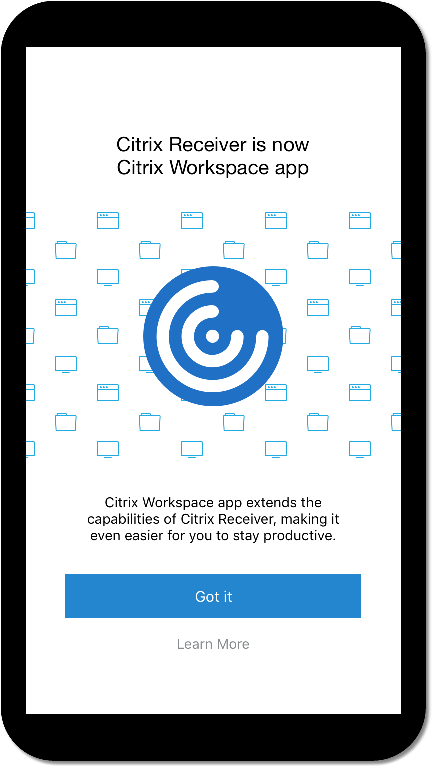 Screenshot of dialog explaining new name of Citrix Workspace on mobile phone