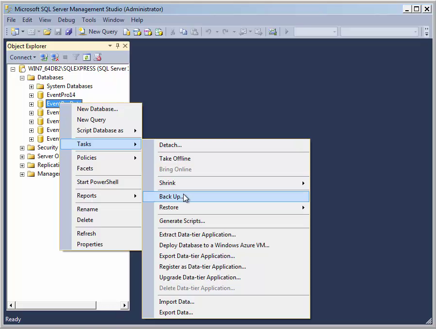 Screenshot of backing up database in SQL Server Management Studio