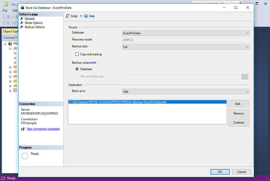 Screenshot of database backup settings and options