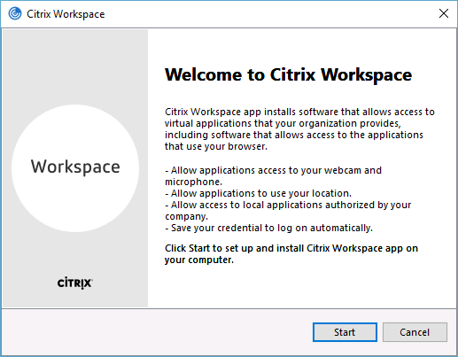 Screenshot of starting Citrix Workspace installation wizard